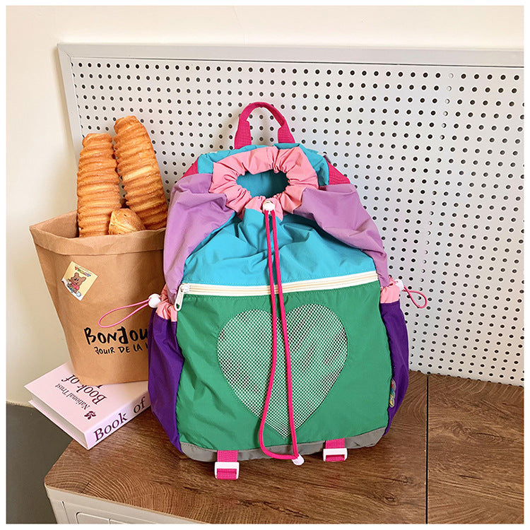 Green Colorblock Drawstring Backpack - Lightweight Nylon Bag with Heart Mesh Pocket