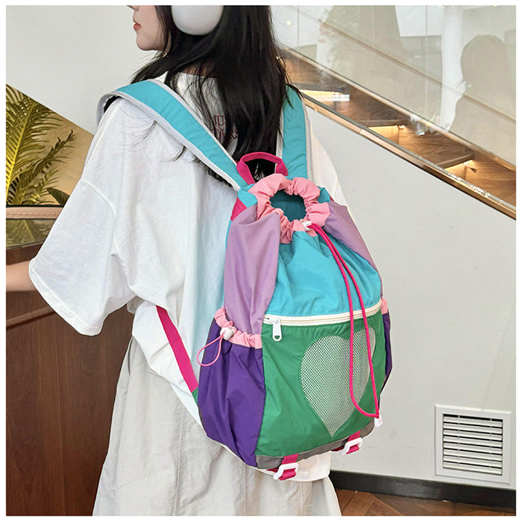 Green Colorblock Drawstring Backpack - Lightweight Nylon Bag with Heart Mesh Pocket