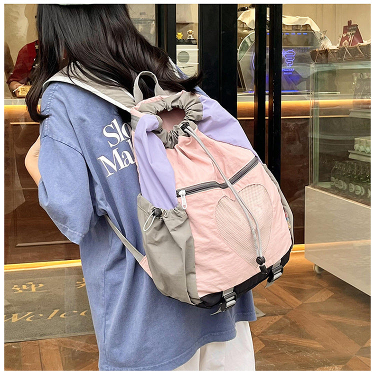 Pink Colorblock Drawstring Backpack - Lightweight Nylon Bag with Heart Mesh Pocket