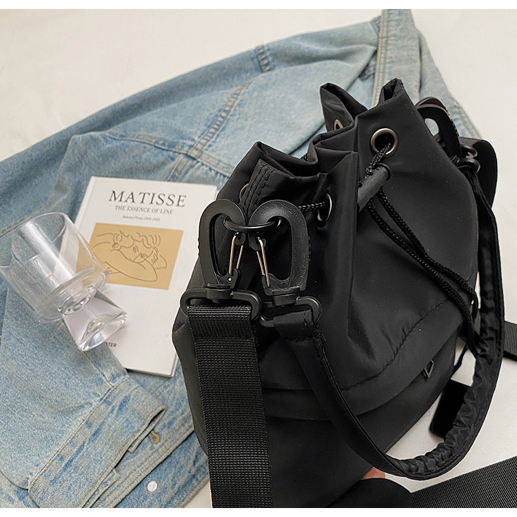 Black Casual Nylon Drawstring Bucket Bag - Adjustable Strap Crossbody Purse