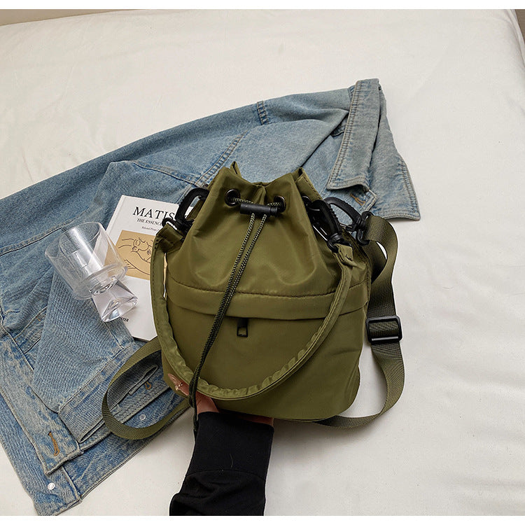 Army green Casual Nylon Drawstring Bucket Bag - Adjustable Strap Crossbody Purse