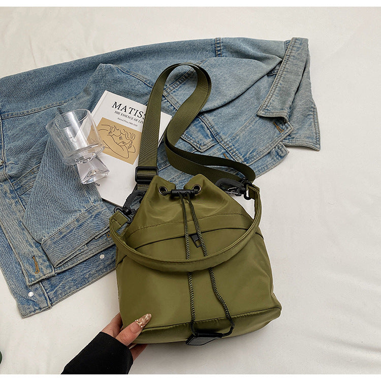 Army green Casual Nylon Drawstring Bucket Bag - Adjustable Strap Crossbody Purse