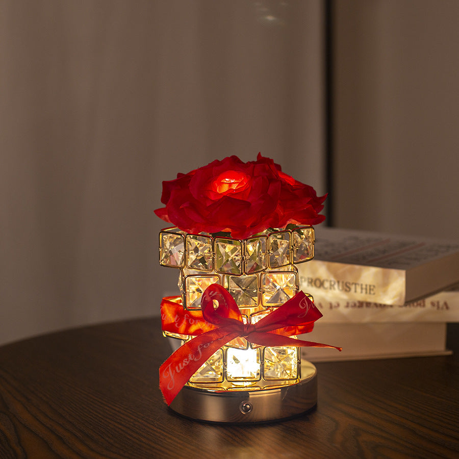 Red Rose LED Crystal Flower Table Lamp - USB Rechargeable Touch Control Night Light