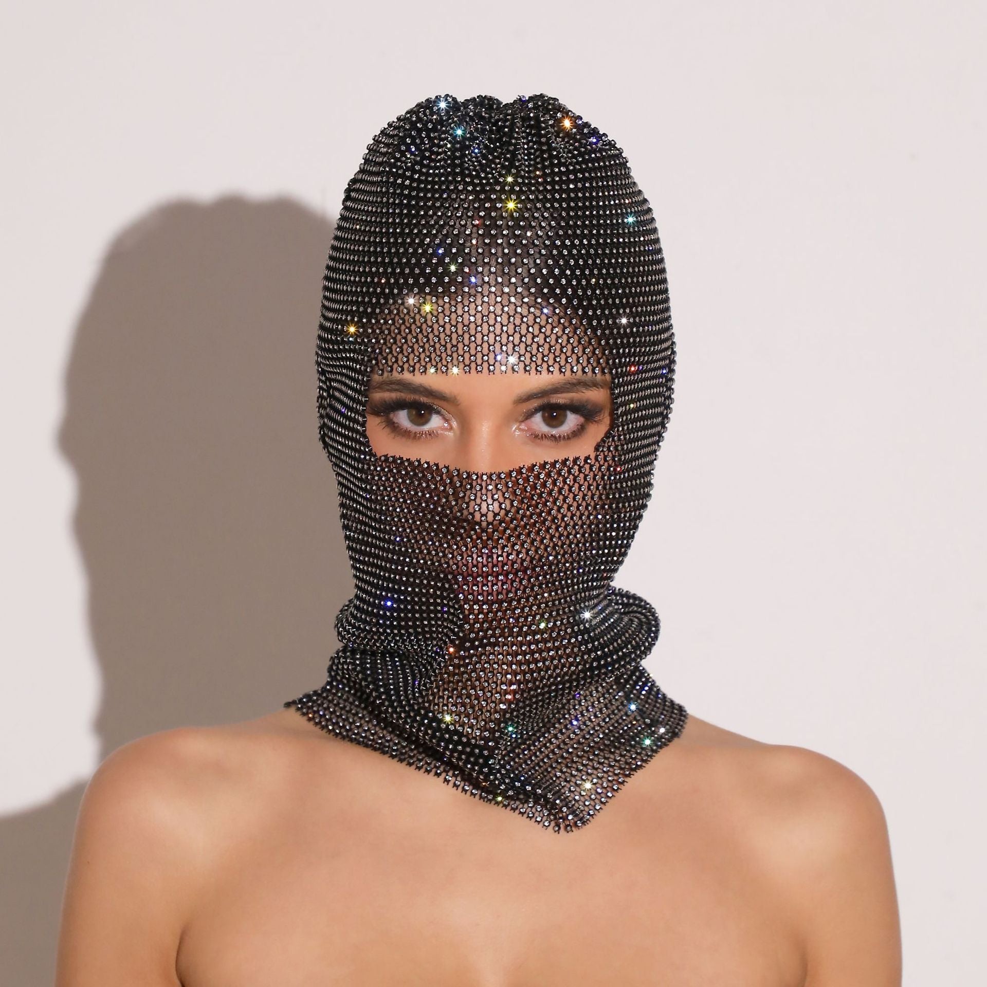 White Glitter Rhinestone Face Balaclava - Trendy Music Festival Head Cover, 37cm