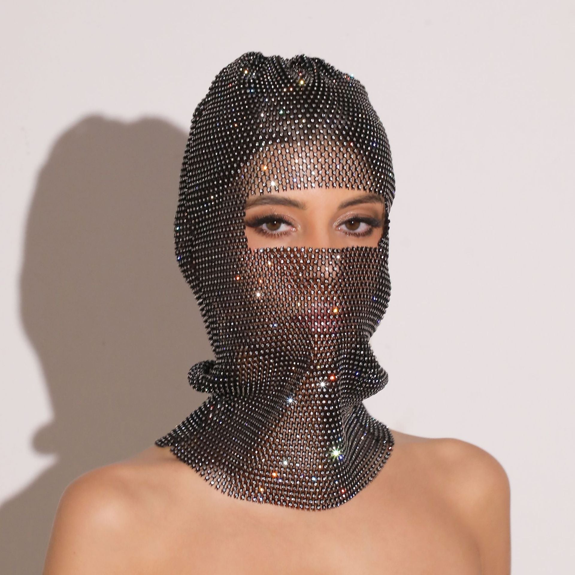 White colored diamonds Glitter Rhinestone Face Balaclava - Trendy Music Festival Head Cover, 37cm