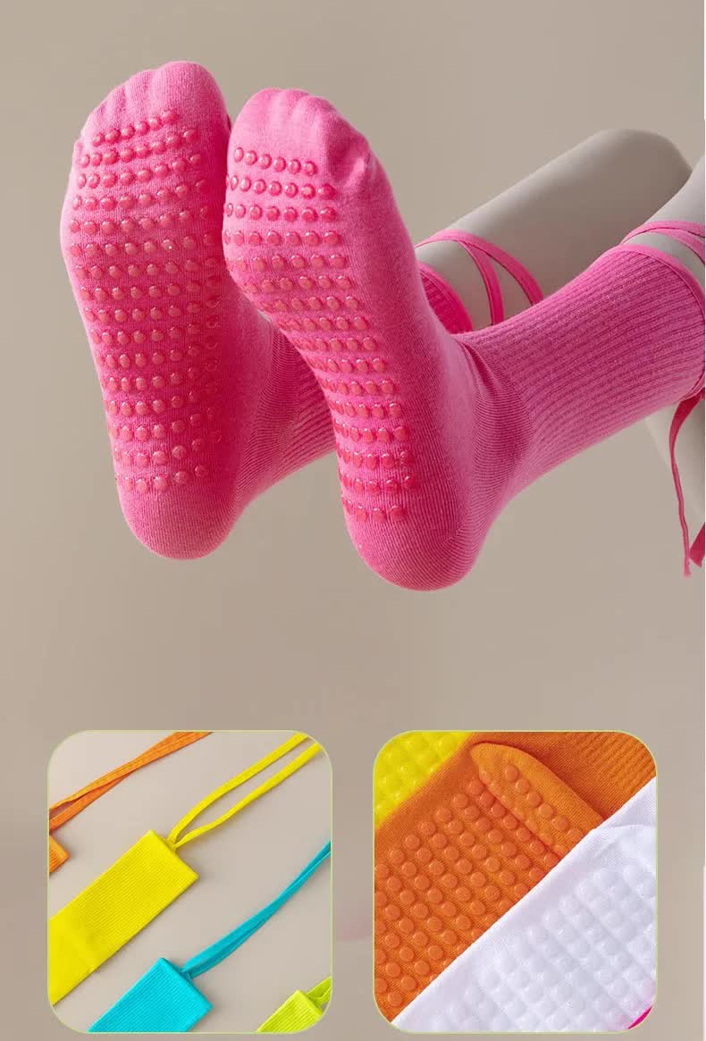 3 Pcs Pink Non-Slip Yoga Socks with Cross Straps - Cotton Pilates Dance Socks for Women, Lightweight Comfort