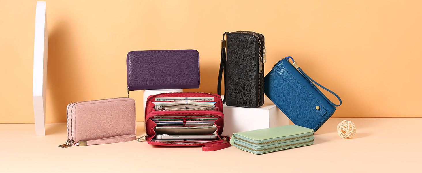 Dark Blue Double Zipper Women's Wallet - Large Capacity Clutch Organizer with Wristlet Strap