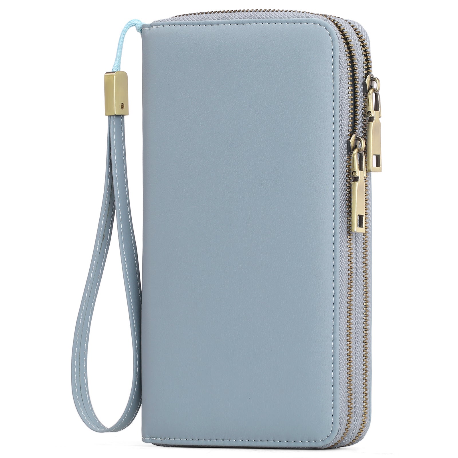 Light Blue Double Zipper Women's Wallet - Large Capacity Clutch Organizer with Wristlet Strap