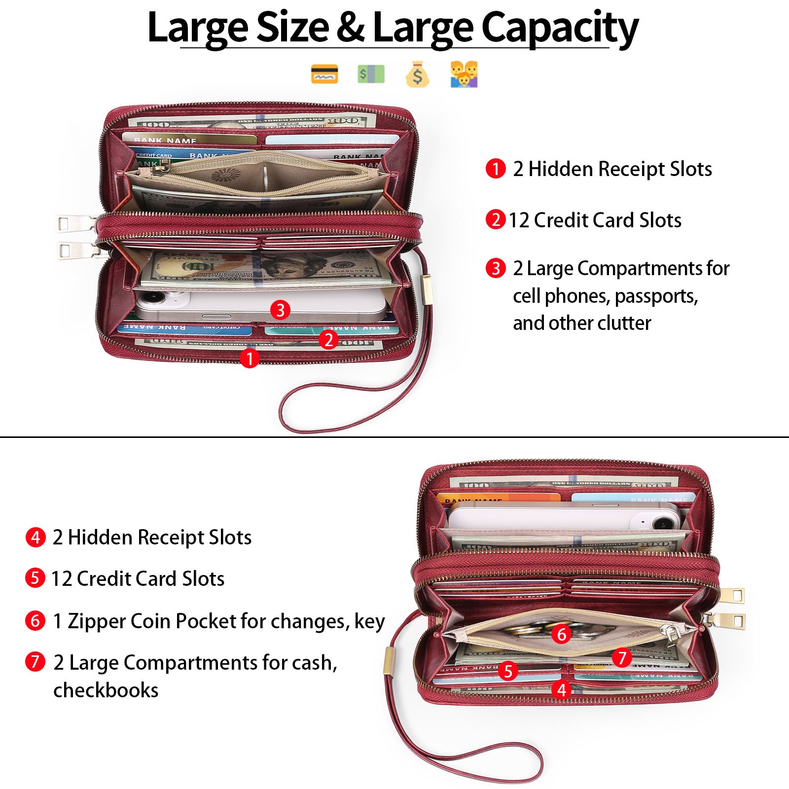 Brown Double Zipper Women's Wallet - Large Capacity Clutch Organizer with Wristlet Strap