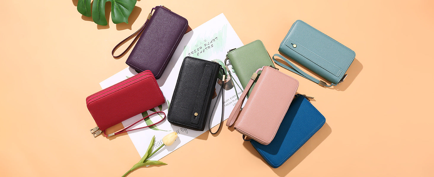 Purple Double Zipper Women's Wallet - Large Capacity Clutch Organizer with Wristlet Strap