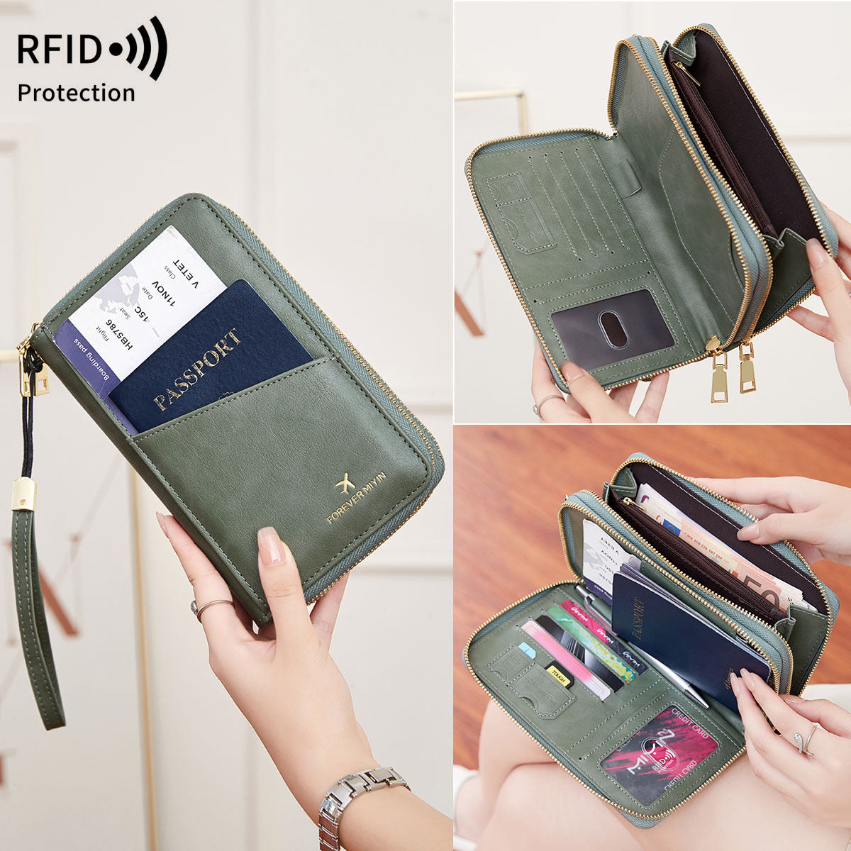 Light Brown RFID Blocking Passport Wallet - Multi-Function Travel Organizer with Double Zipper and Crossbody Strap