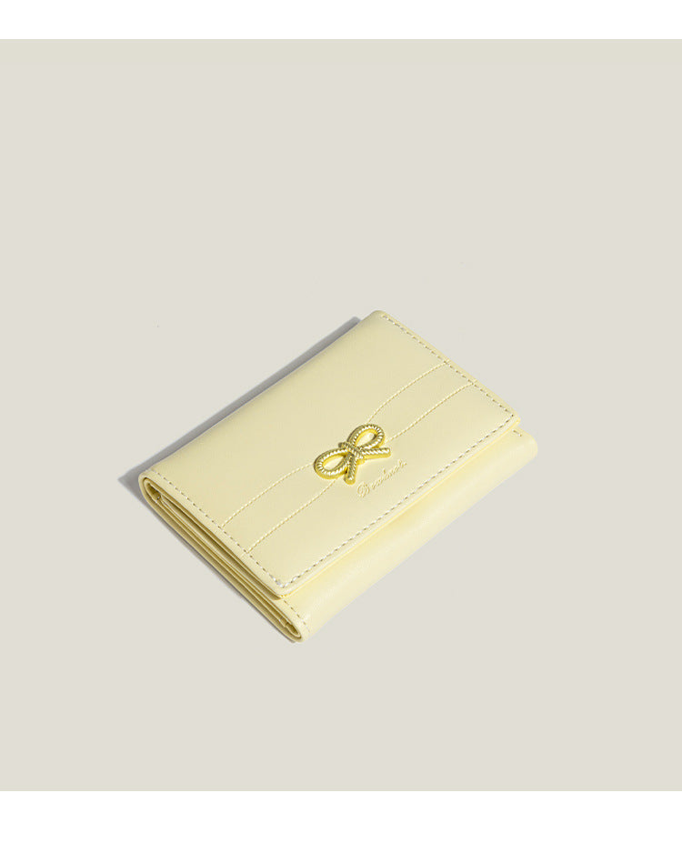 Yellow Compact Women's Bow-Accent Wallet - Fresh Minimalist PU Leather Foldable Card Holder with Multiple Slots