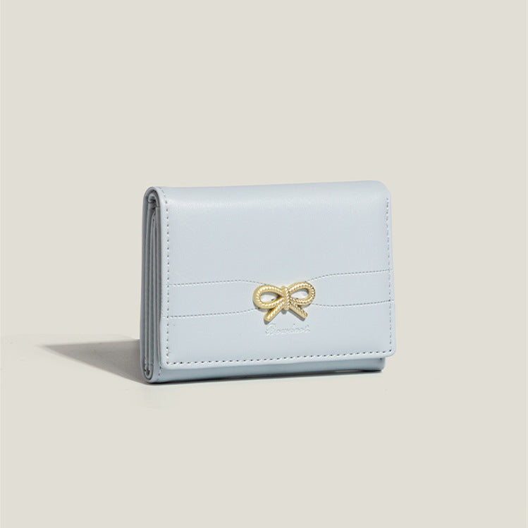 Blue Compact Women's Bow-Accent Wallet - Fresh Minimalist PU Leather Foldable Card Holder with Multiple Slots