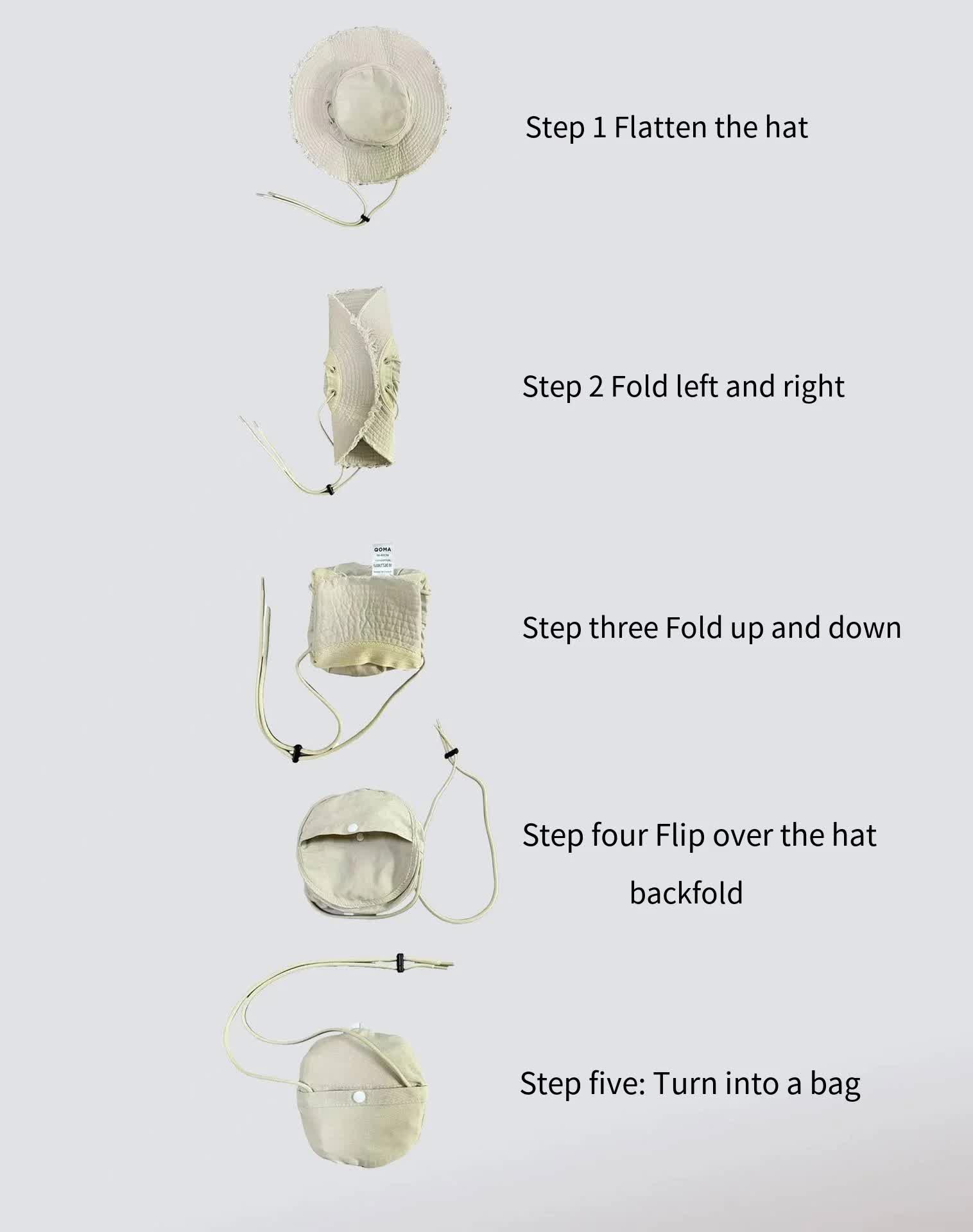 Beige Packable Cotton Bucket Hat - Folds into Wearable Pouch | Frayed Edge Sun Hat with Chin Strap