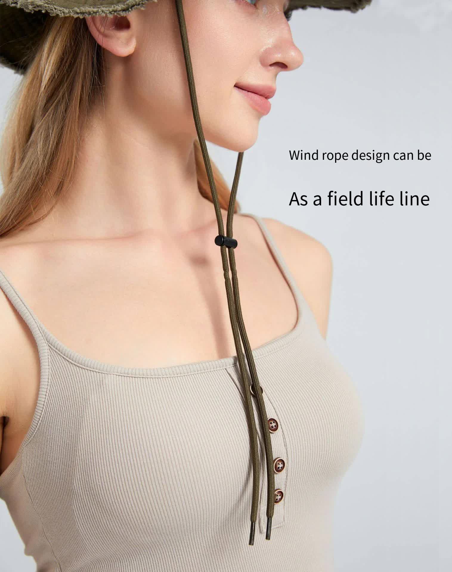 Green Packable Cotton Bucket Hat - Folds into Wearable Pouch | Frayed Edge Sun Hat with Chin Strap