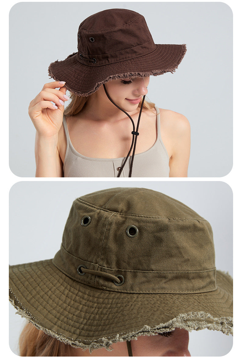 Green Packable Cotton Bucket Hat - Folds into Wearable Pouch | Frayed Edge Sun Hat with Chin Strap