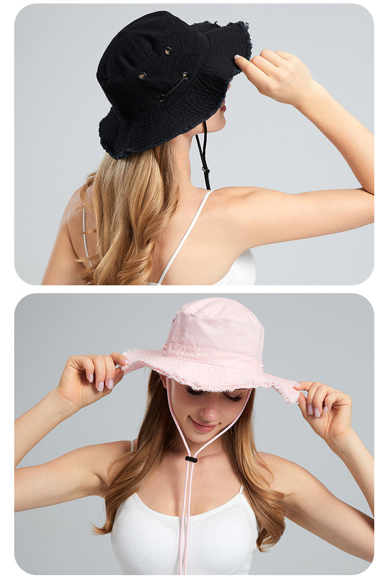 Pink Packable Cotton Bucket Hat - Folds into Wearable Pouch | Frayed Edge Sun Hat with Chin Strap