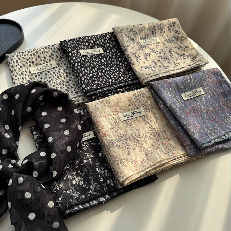 Style 5 Beige Versatile Patterned Square Scarf | 65x65cm Lightweight Polyester Neckerchief Headband | Vintage Polka Dot & Floral