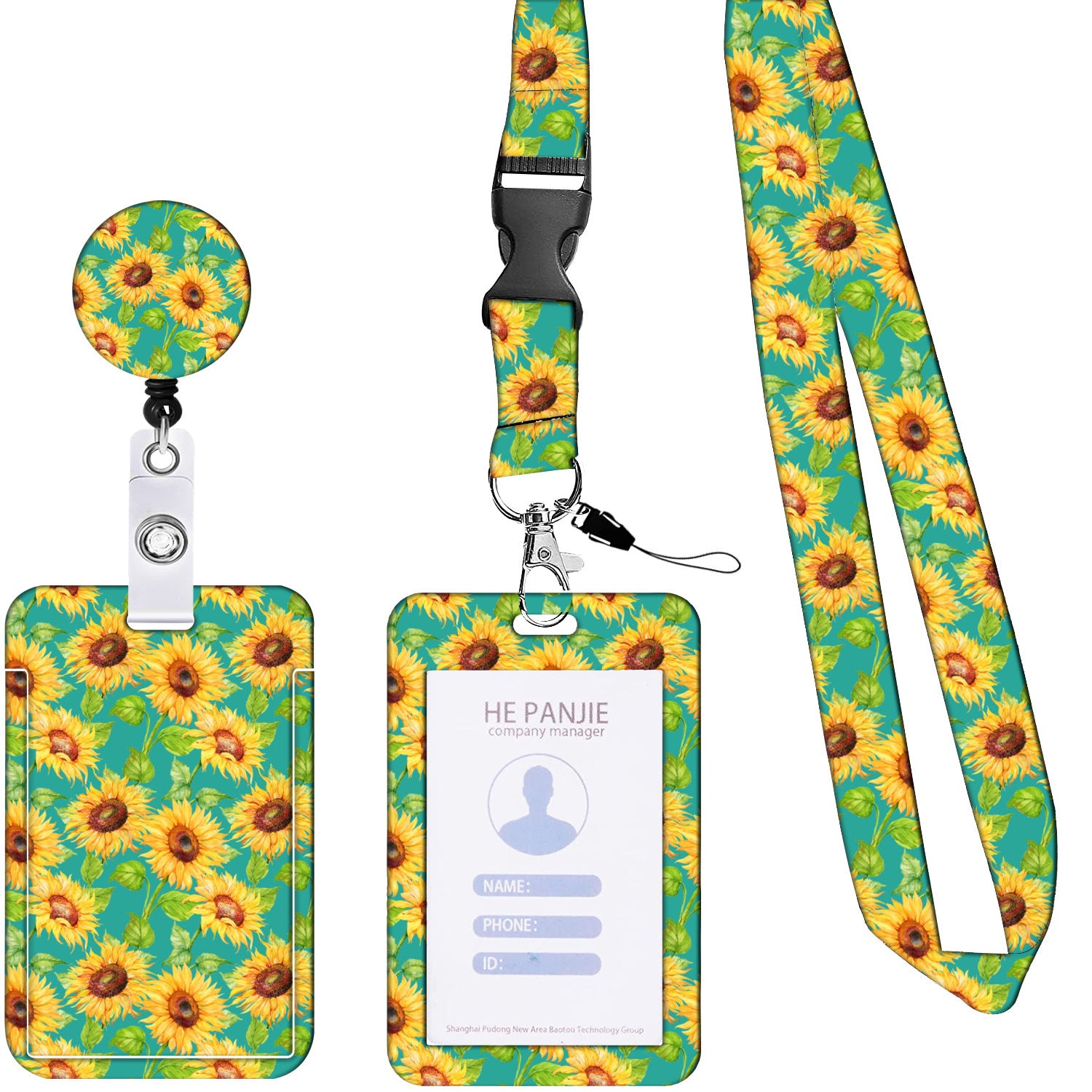 2 Pcs Yellow and Green Sunflower Patterns Retractable Badge Reel & ID Card Holder Set with Lanyard - Durable ABS Plastic