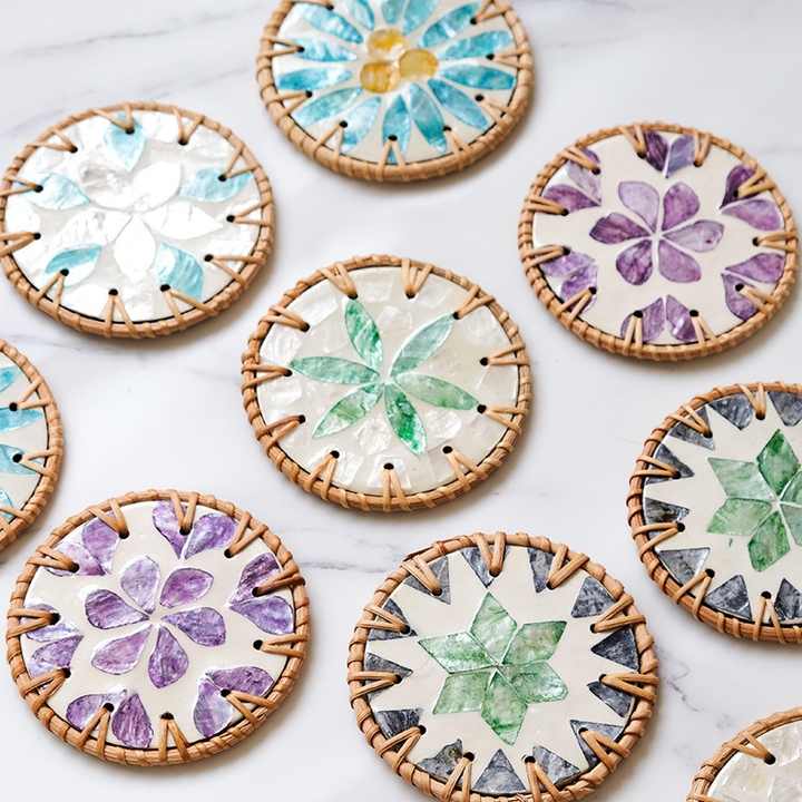 4 Pcs Beige Background With Blue and Grey flower Handcrafted Rattan Coaster with Natural Shell Inlay - Decorative & Heat Insulating Drink Mat
