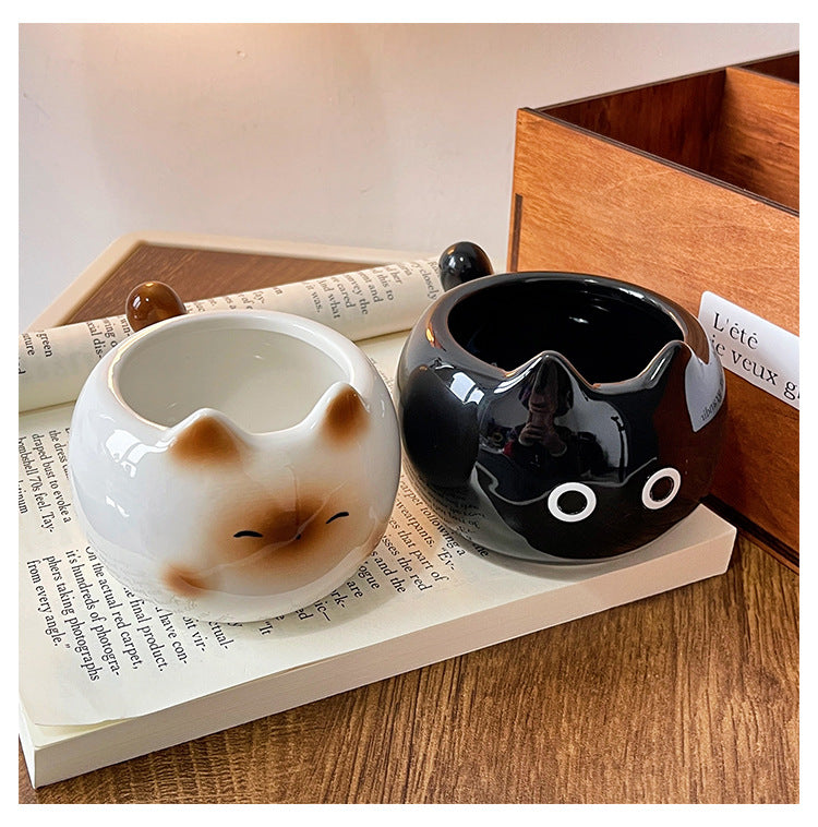White And Brown Adorable Ceramic Cat Mug - Cute Creative Coffee Cup with Tail Handle (210ml)