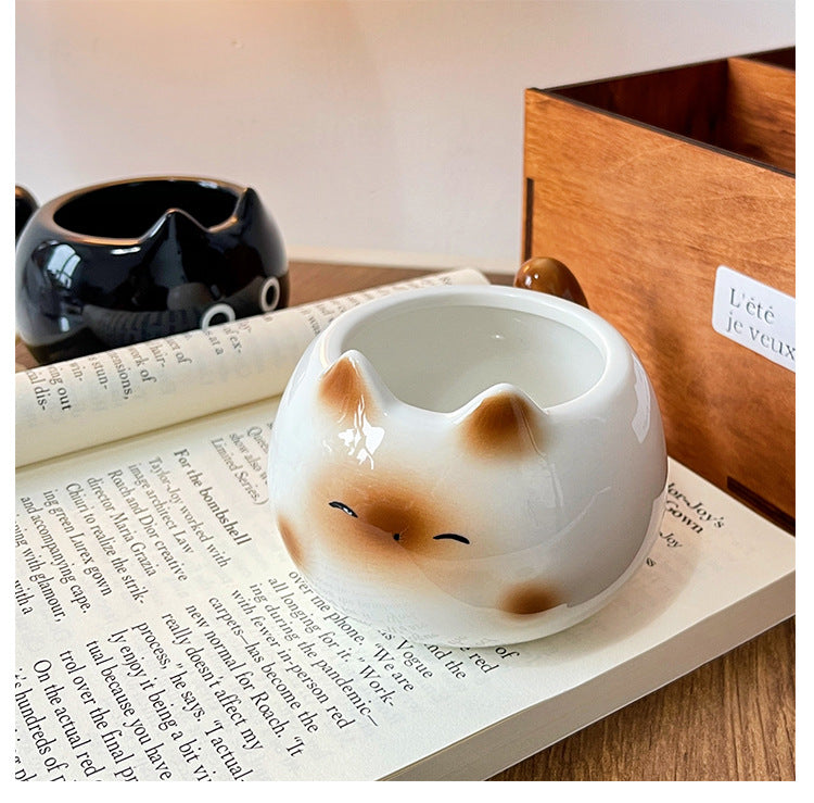White And Brown Adorable Ceramic Cat Mug - Cute Creative Coffee Cup with Tail Handle (210ml)