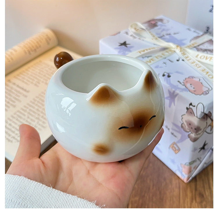 White And Brown Adorable Ceramic Cat Mug - Cute Creative Coffee Cup with Tail Handle (210ml)