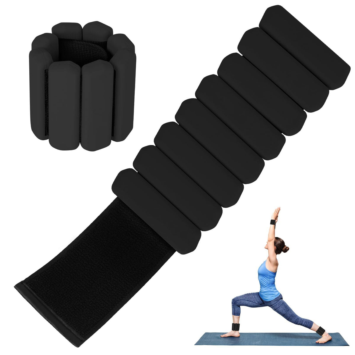 Black Adjustable Silicone Wrist & Ankle Weights - 2lb Pair (900g) | Comfortable Fitness Resistance Bands for Workout, Running, Training