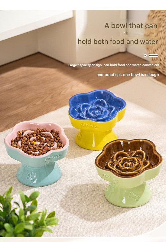 Green and Brown Ceramic Slow Feeder Pet Bowl for Cats and Small Dogs - Anti-Choke Elevated Design with 15-Degree Tilted Rim