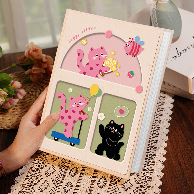 Cover 1 Colorful Cartoon cat pattern 6-Inch 100-Photo Cartoon Cat Album - Large Capacity Family Photo Storage Book with Suede and Crystal Cover