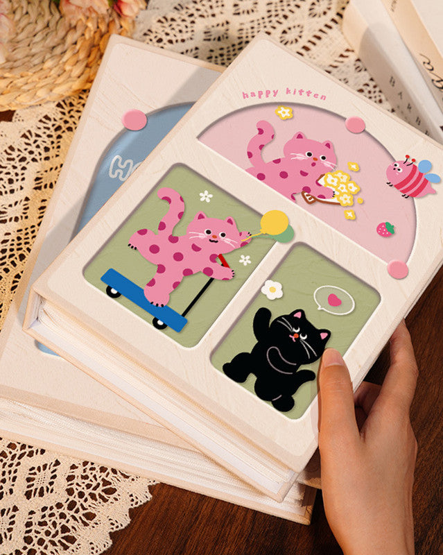 Cover 2 Colorful 7-Inch 100-Photo Cartoon Cat Album - Large Capacity Family Photo Storage Book with Suede and Crystal Cover