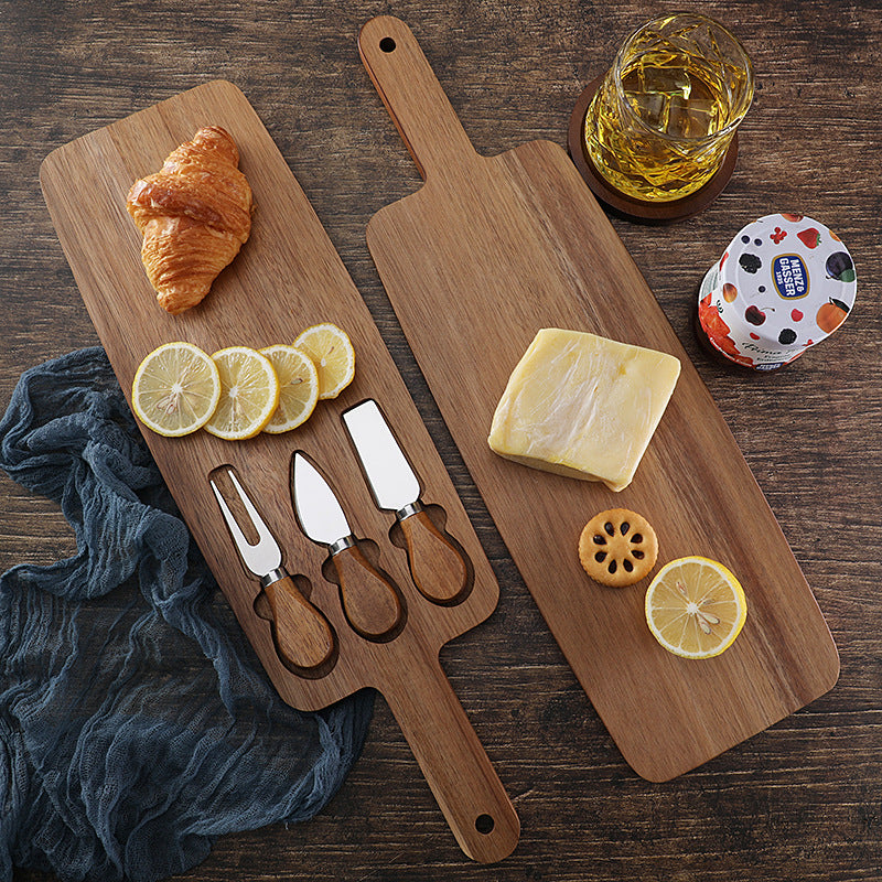 Brown And Black Premium Acacia Wood Cheese Board Set | Charcuterie Platter with 3 Stainless Steel Knives