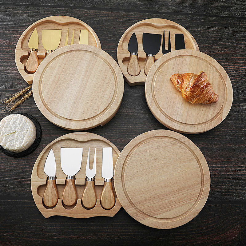 Brown And Silver Compact Round Rubberwood Cheese Board Set | 4 Stainless Steel Knives & Tools