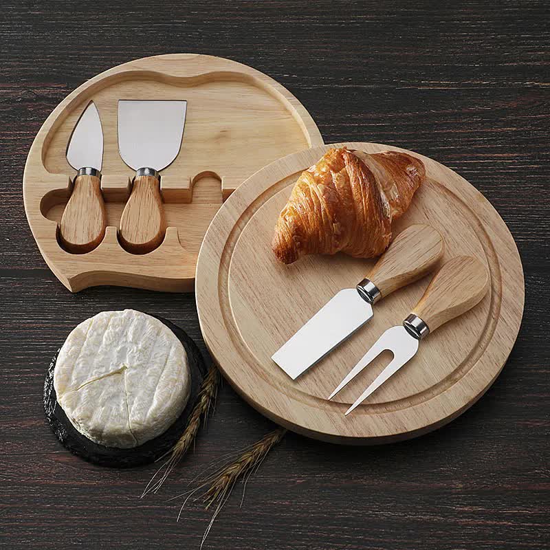 Brown And Silver Compact Round Rubberwood Cheese Board Set | 4 Stainless Steel Knives & Tools