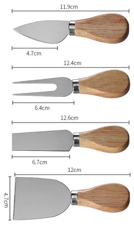 Brown And Silver Compact Round Rubberwood Cheese Board Set | 4 Stainless Steel Knives & Tools