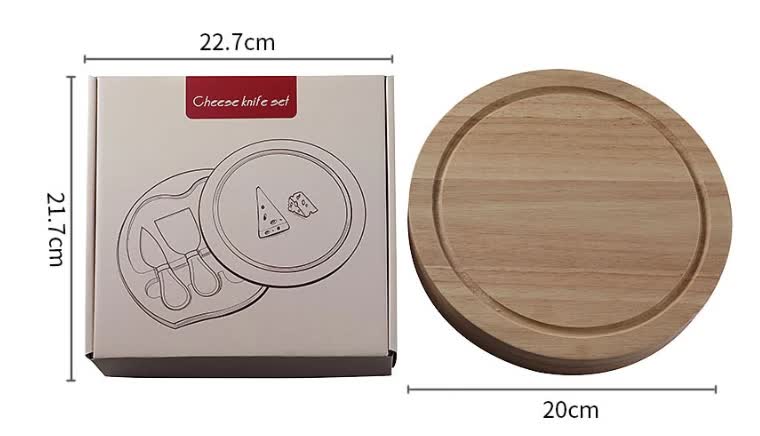 Brown And Black Compact Round Rubberwood Cheese Board Set | 4 Stainless Steel Knives & Tools