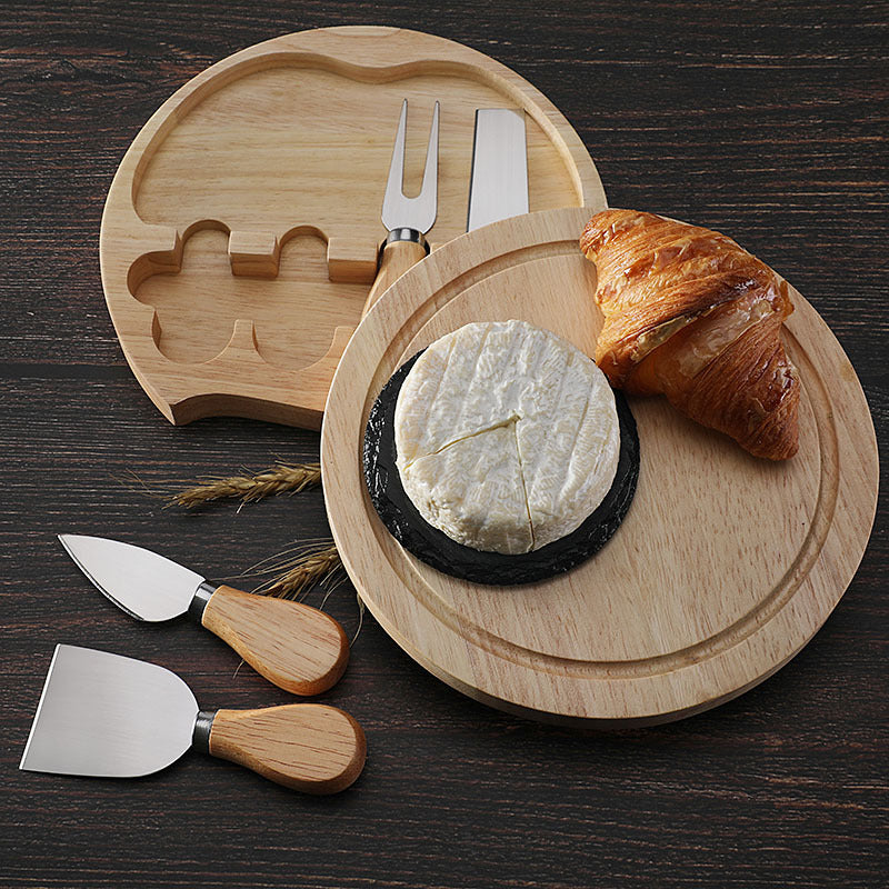 Brown And Gold Compact Round Rubberwood Cheese Board Set | 4 Stainless Steel Knives & Tools