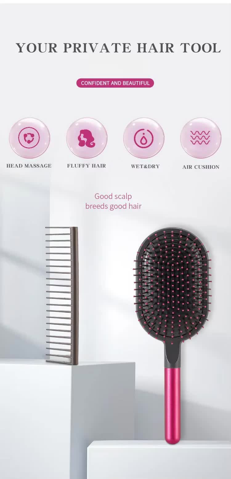 Champagne Air Cushion Massage Paddle Brush & Wide Tooth Comb Set - Gentle Detangling for All Hair Types