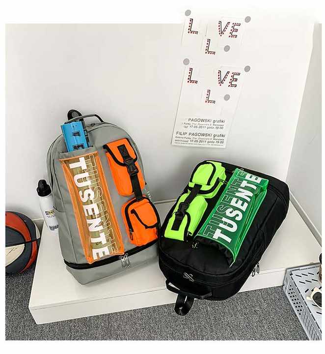 Orange And Grey Stylish Sports Backpack with Contrast Pockets - Unisex Gym Bag for Badminton & Tennis