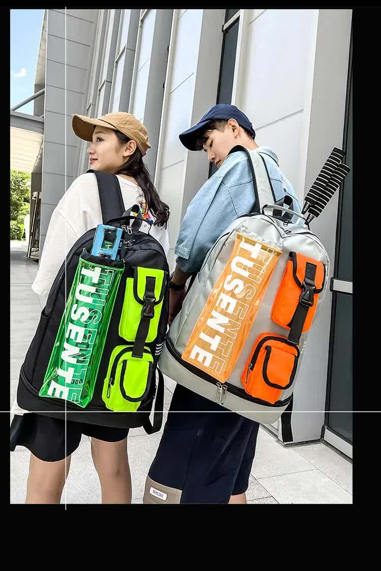 Orange And Grey Stylish Sports Backpack with Contrast Pockets - Unisex Gym Bag for Badminton & Tennis