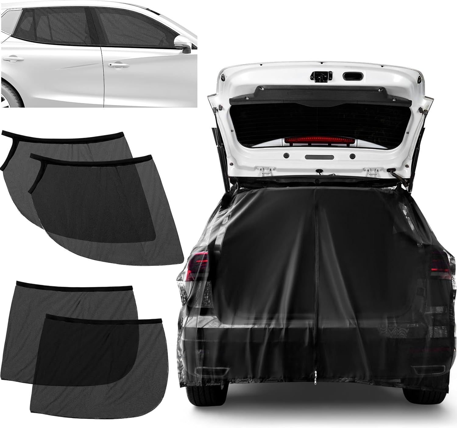 Size XL Black Magnetic Car Window Sun Shade Screens & SUV Tailgate Mosquito Net Set - Breathable Bug Protection