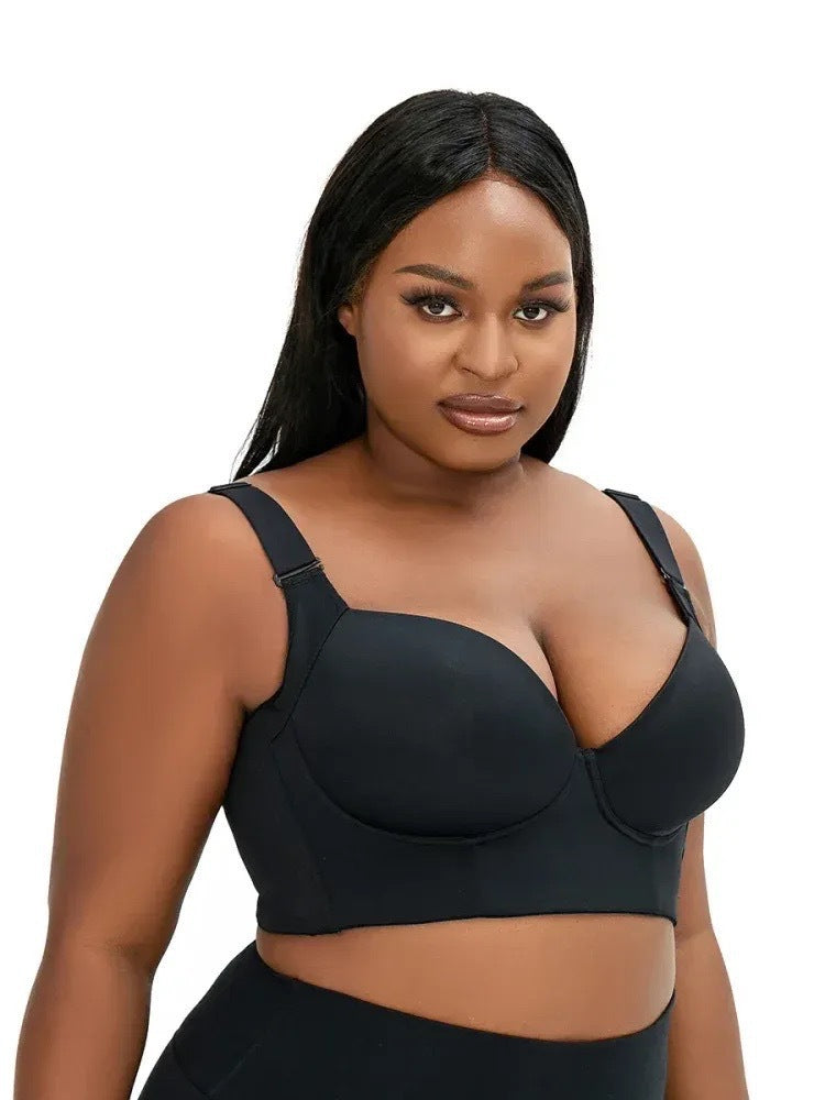 36/80D Black Plus-Size Seamless Underwire Bra - Lift & Support Deep V Sports Back Design