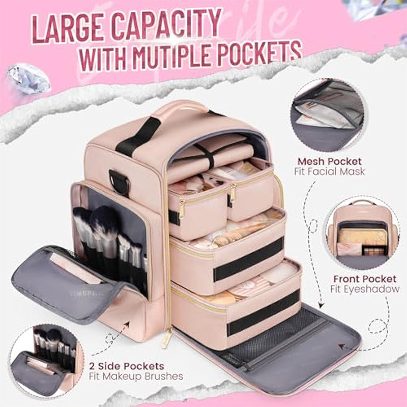 Travel Makeup Organizer Bag - 4 Detachable Compartments, Jewelry Roll & Multiple Pouches