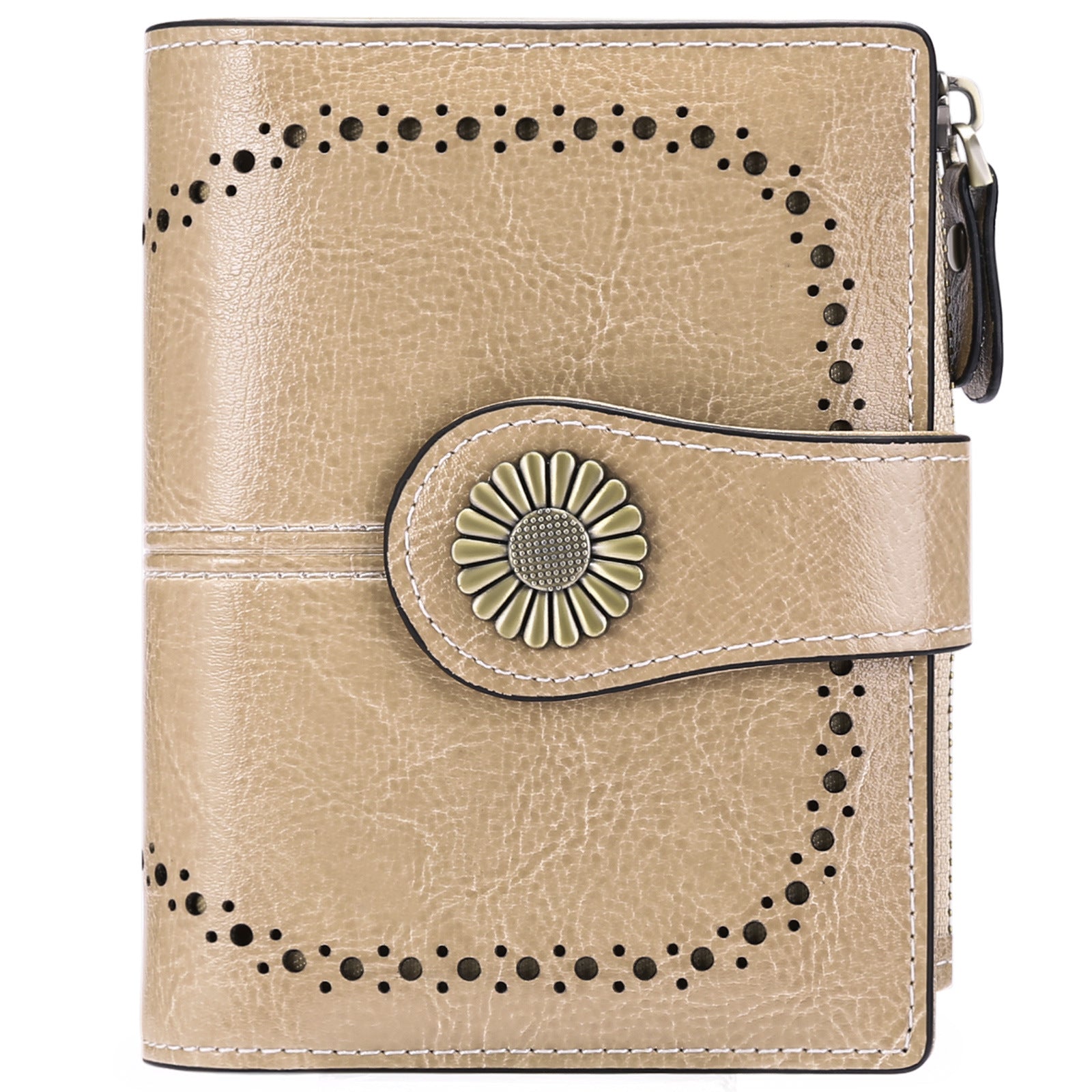 Green (64 grain) Women's Short Leather Wallet - European Style Waxed Leather Coin Purse with Zipper Card Holder in Red