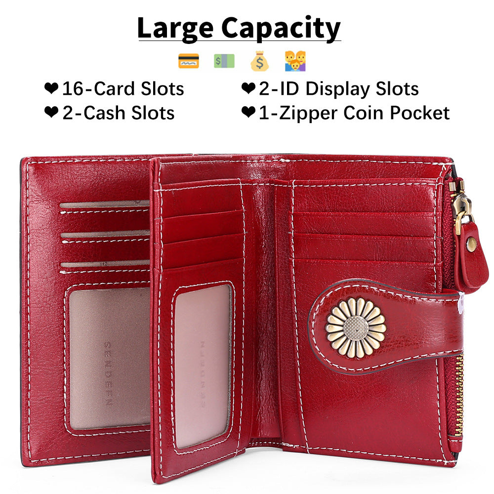 Green (64 grain) Women's Short Leather Wallet - European Style Waxed Leather Coin Purse with Zipper Card Holder in Red