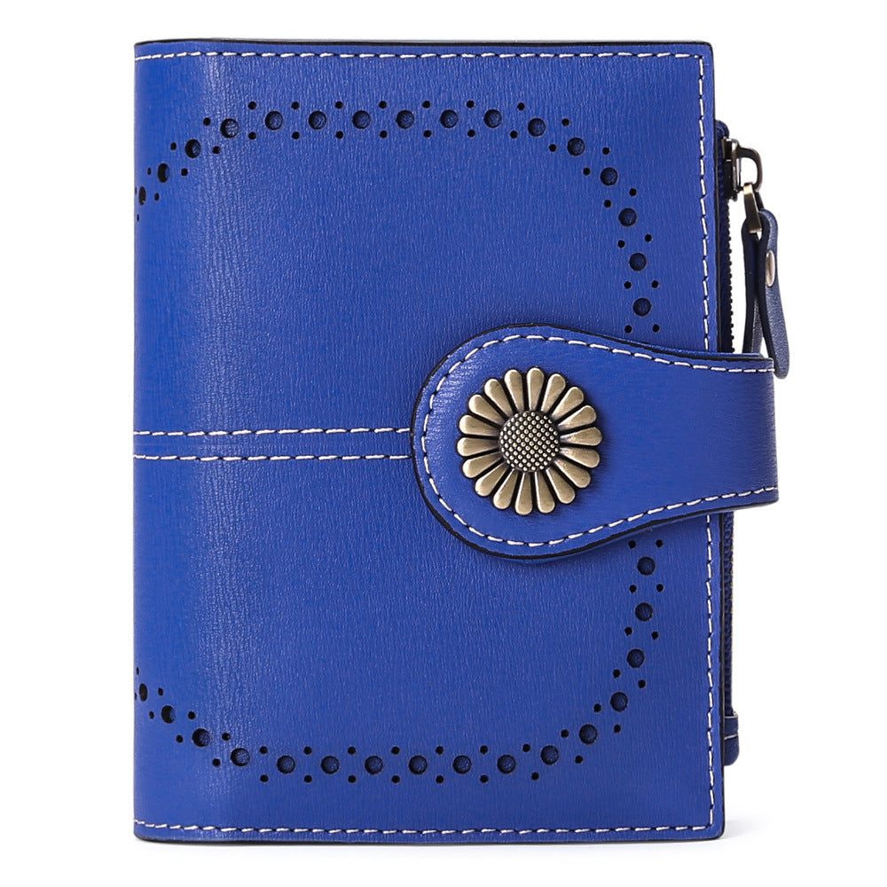 Navy Blue (Plain) Women's Short Leather Wallet - European Style Waxed Leather Coin Purse with Zipper Card Holder in Red