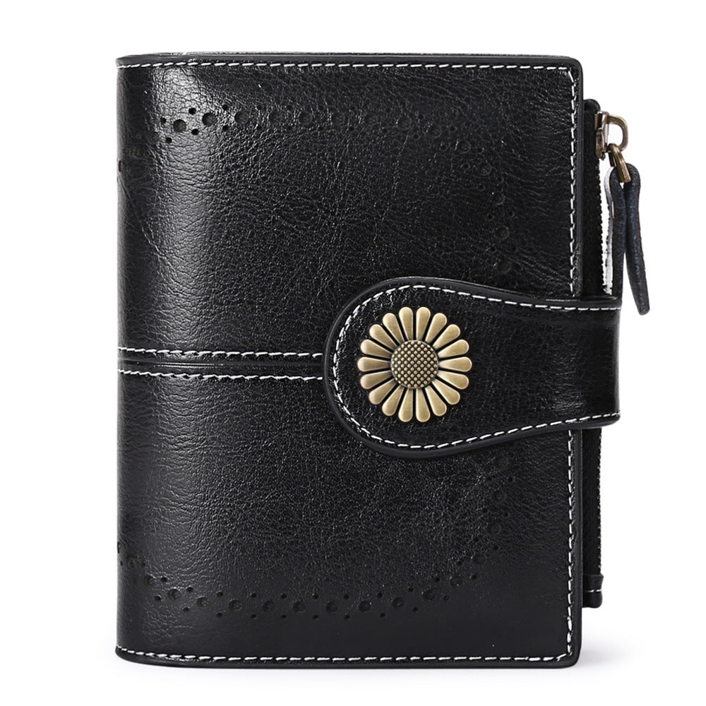 Black (64 grain) Women's Short Leather Wallet - European Style Waxed Leather Coin Purse with Zipper Card Holder in Red