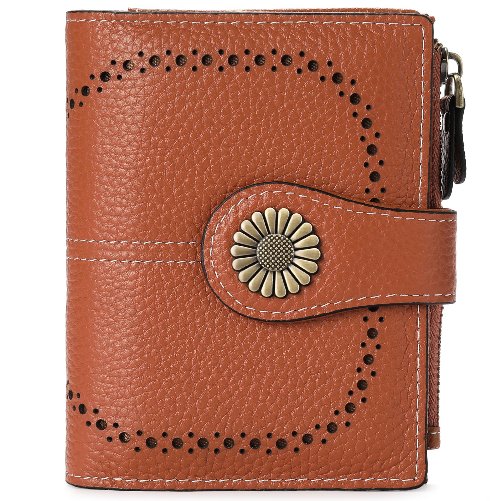 Light Brown (Wrestling) Women's Short Leather Wallet - European Style Waxed Leather Coin Purse with Zipper Card Holder in Red