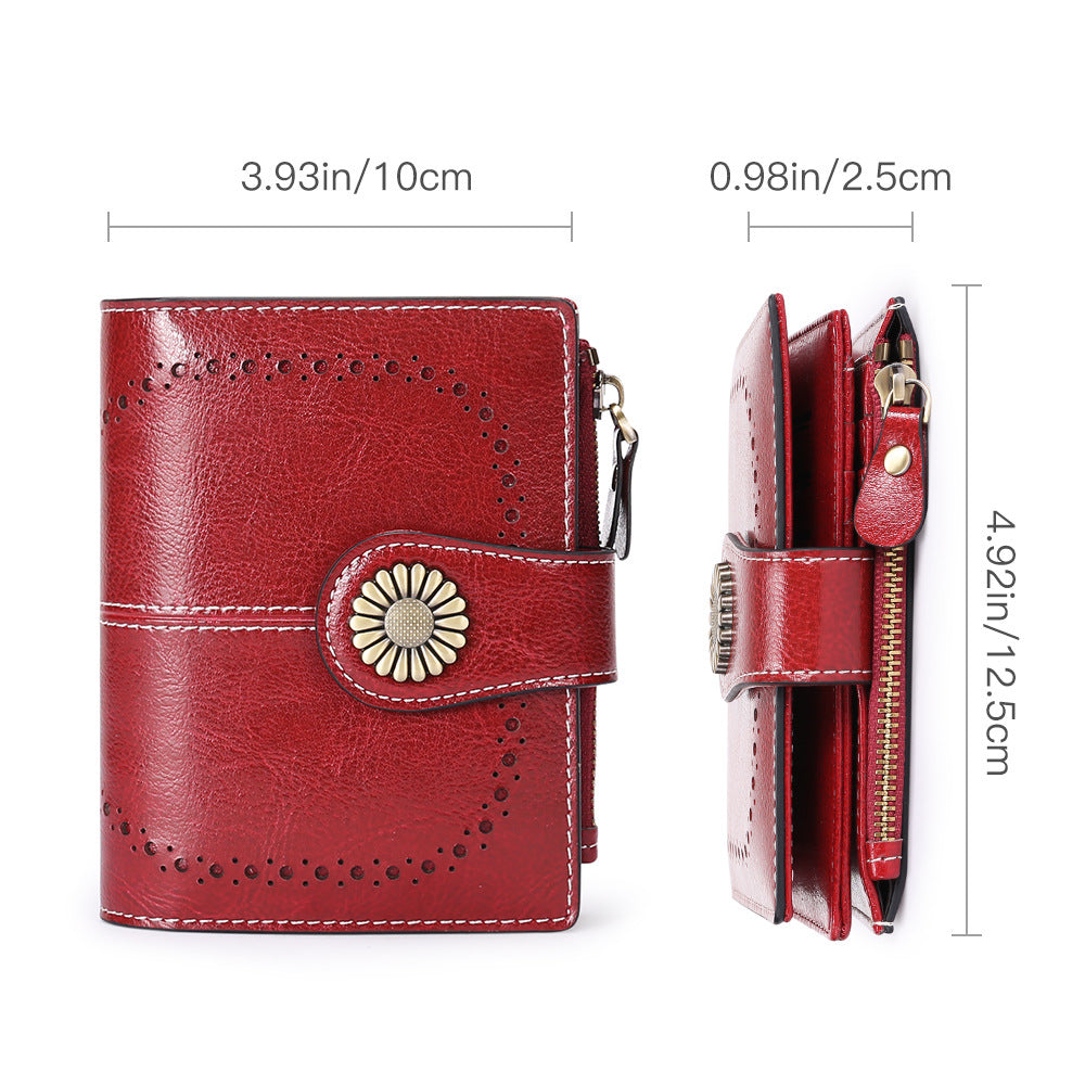 Sky Blue (Wrestling) Women's Short Leather Wallet - European Style Waxed Leather Coin Purse with Zipper Card Holder in Red