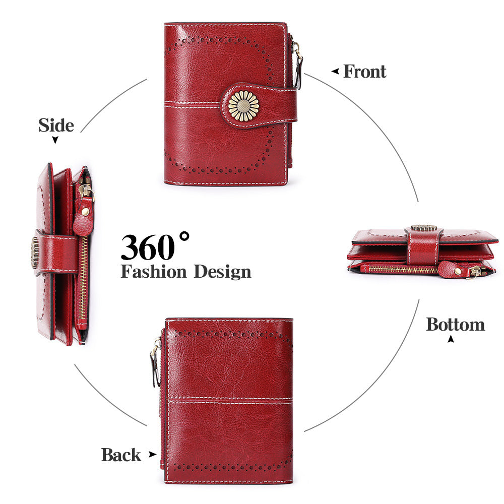 Sky Blue (Wrestling) Women's Short Leather Wallet - European Style Waxed Leather Coin Purse with Zipper Card Holder in Red